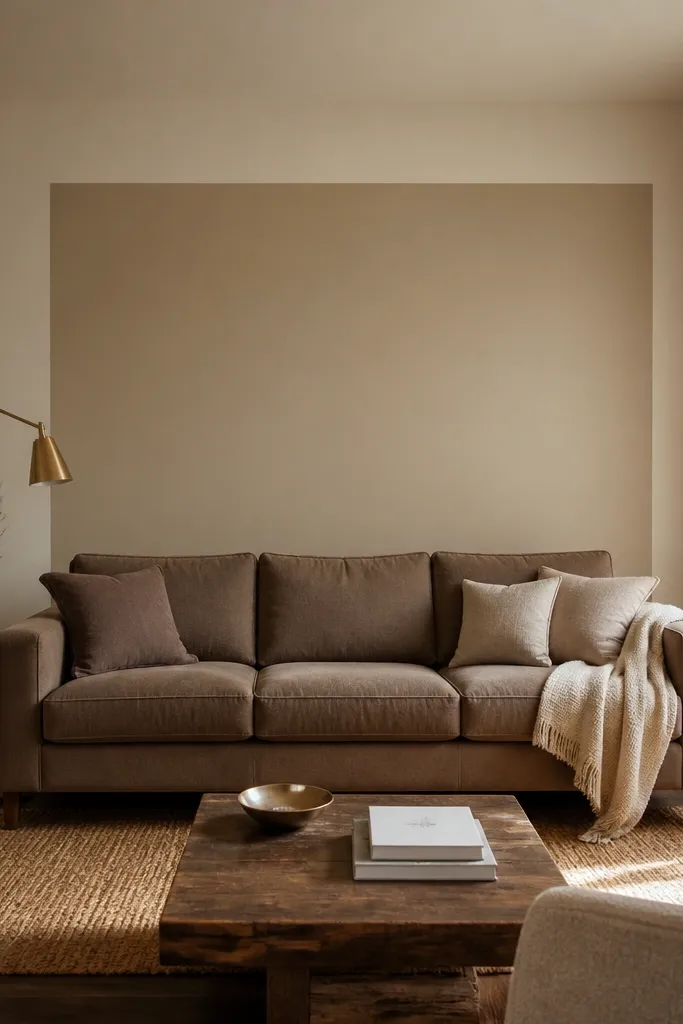The wall behind the sofa is painted in a warm off-white, with a darker muted taupe rectangle centered behind the sofa. Thin trim lines create a framed look, and two matching wall sconces flank the rectangle.