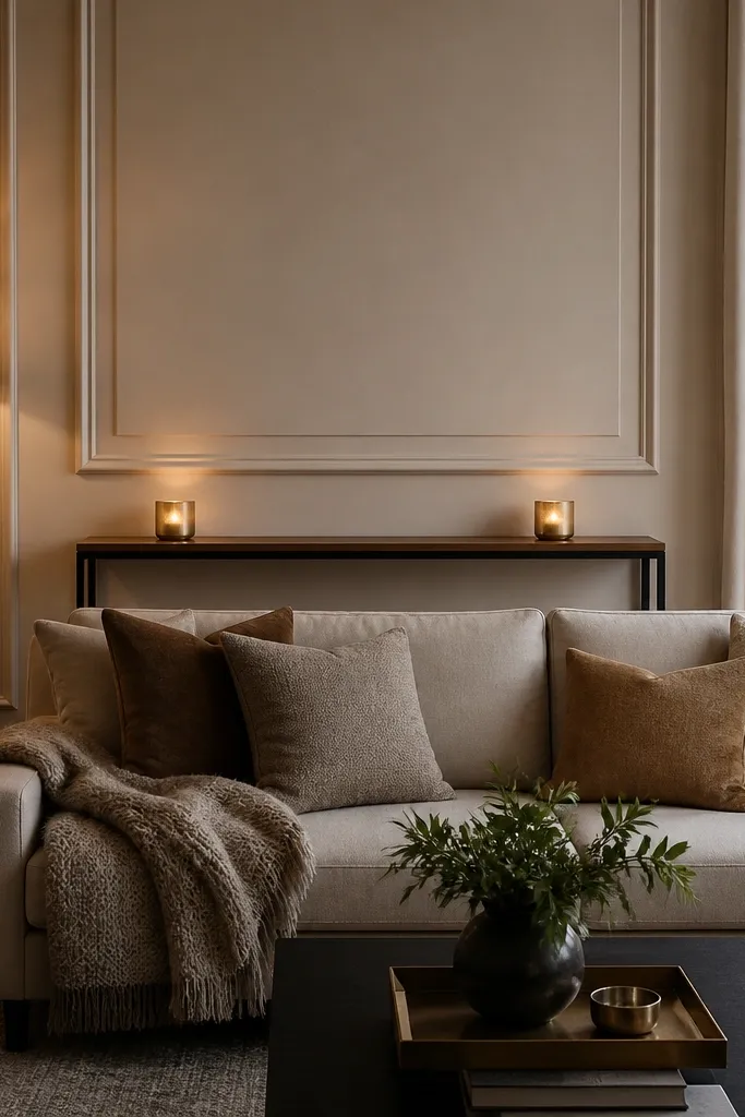 A slim console table sits behind the sofa, with a narrow framed molding panel above it. The console holds a pair of matching candlesticks and a low tray, while the wall has a clean rectangular trim pattern.