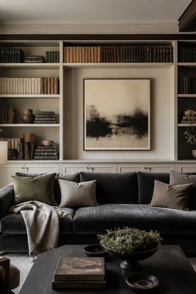 A built-in style book wall spans behind the sofa, filled with books arranged by color blocks. A large framed abstract artwork is centered above the sofa back, and there are two small plants on the shelves.