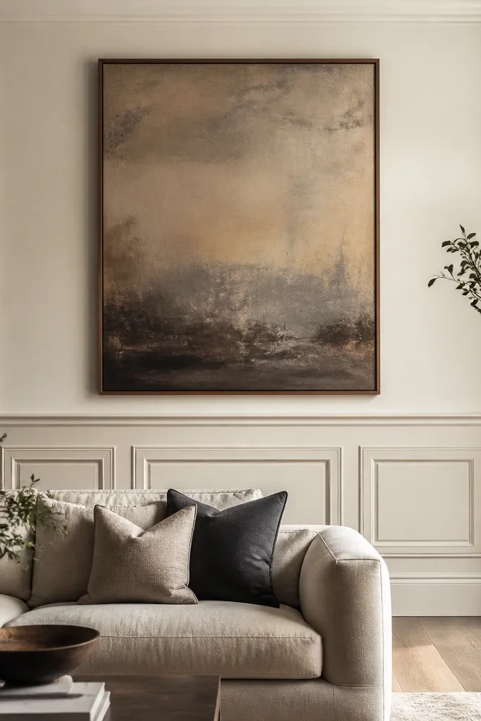 Traditional wainscoting runs behind the sofa with a chair-rail style border and panel sections. A large oversized painting hangs centered above the top rail, and the wall is painted in soft white with darker trim.