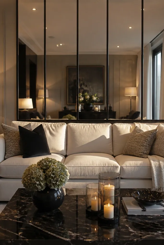 The wall behind the sofa has three or four mirrored panels separated by slim black metal dividers. A large white or light gray sofa sits in front, and a single chandelier reflection glows in the mirrors.