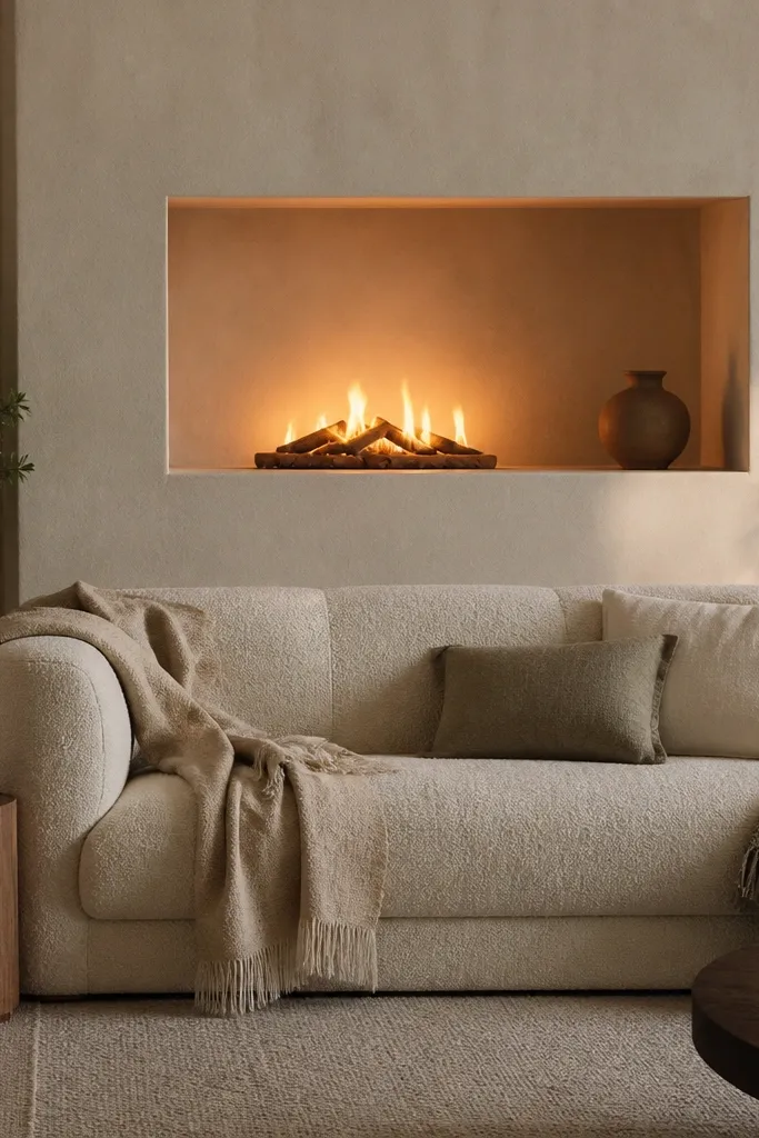 A built-in style niche sits behind the sofa, shaped like a shallow fireplace. Inside, there's a warm LED glow and a simple mantel shelf, with two small vases and a framed photo on the shelf.