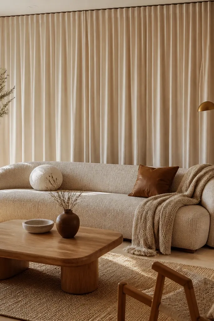 Floor-length sheer-to-opaque curtains hang from ceiling height behind the sofa area, creating a soft backdrop. The sofa sits centered, and the curtains fall in neat folds with a curtain rod that matches the hardware finishes.