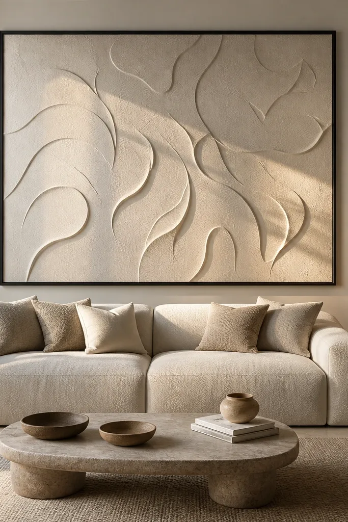A wallpaper panel behind the sofa shows a subtle raised pattern in taupe and cream, framed by solid paint around it. One large black-framed artwork hangs centered on top of the panel area.