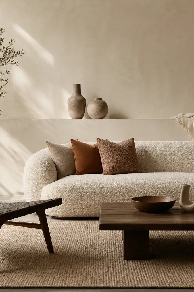 A smooth plaster-like wall in warm white spans behind the sofa. A narrow horizontal ledge runs across the wall at mid-height, and a few minimal objects sit on it - a ceramic bowl and a small book stack.