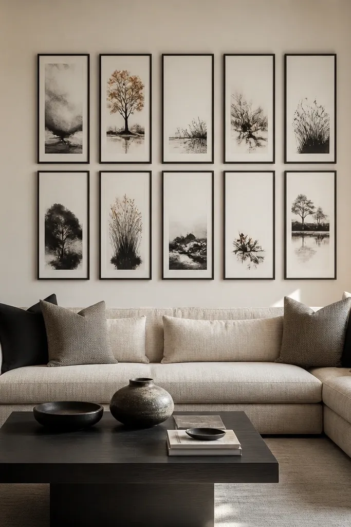 A grid of slim vertical frames hangs behind the sofa in a neat arrangement. Each frame has the same slim black profile and spacing, with mostly monochrome prints in varying heights.
