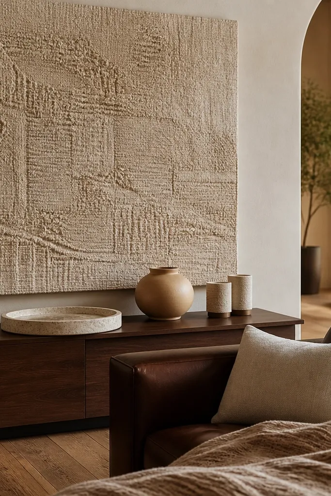 A large woven wall hanging in natural fibers hangs centered behind the sofa. A low wooden console sits below with a tray and a couple of candles, and the wall hanging has a slightly curved, artisanal texture.