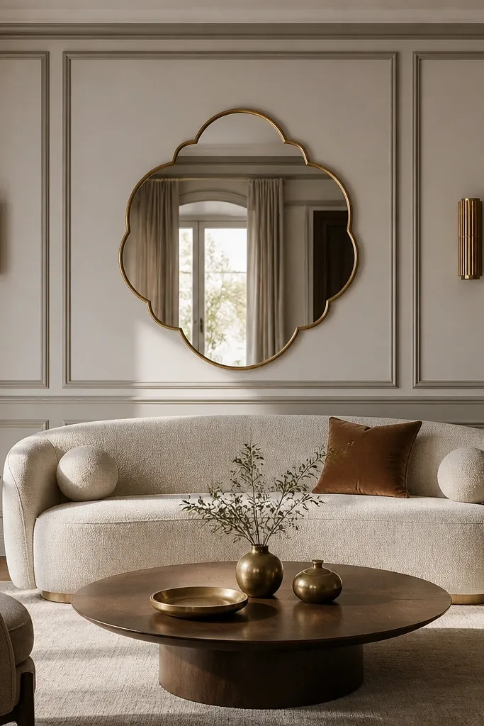 The sofa back wall has two-tone molding panels in soft white and a slightly deeper warm color. In the center is a round mirror medallion, with two small sconces at either side.