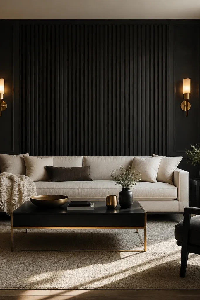 A matte black vertical slat panel runs behind the sofa. Warm brass wall sconces attach to the slats, and the sofa is light cream with a couple of dark accent cushions.