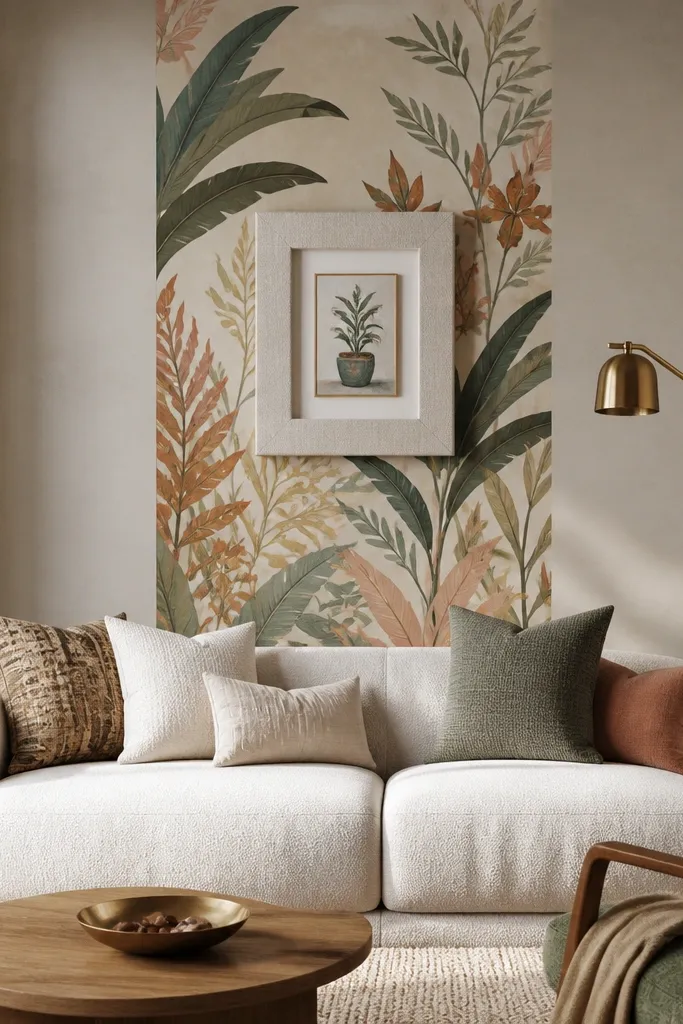 A vertical sofa back wall with a 24-inch wide hand-painted mural strip in soft sage and warm cream, framed by a thick linen-wrapped border. The linen frame has visible weave texture, a thin brass inner lip, and two slim wall spotlights washing light upward from the baseboard.