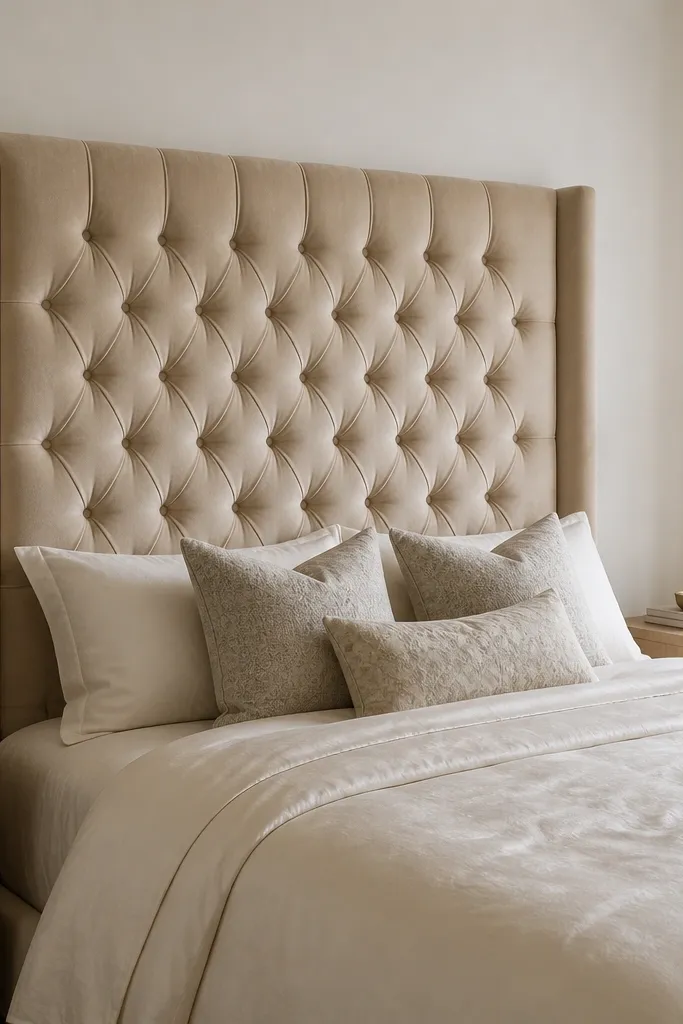 A bedroom corner with a warm ivory velvet headboard with soft button tufting, tall and centered behind the bed. The wall behind it is matte off-white, and the bed has a cream duvet with a subtle sheen. Two slim brass lamps sit on matching light wood tables.