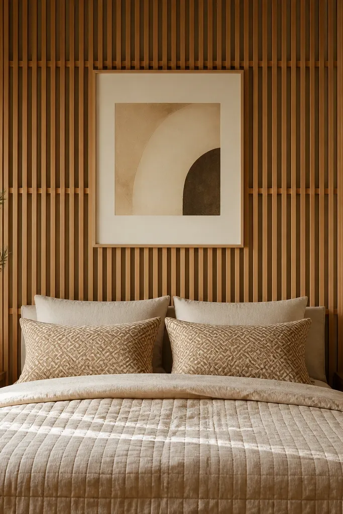 A bed placed against a wall with vertical warm oak wood strips forming a neat grid behind the headboard area. The rest of the wall is the same warm tone, and the bed has a beige quilt and patterned cushion covers. A framed abstract print hangs above the center.