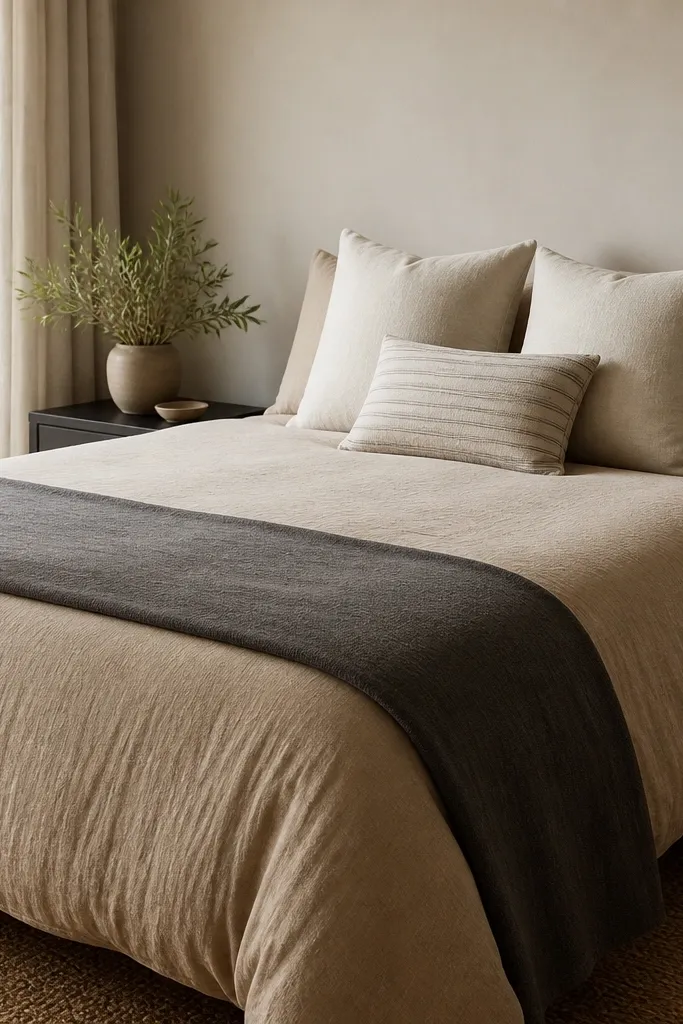 A neatly made bed with sand-colored linen duvet cover and pillow shams. A charcoal fabric runner lies lengthwise at the foot. Two large square cushions in oatmeal and one smaller cushion with a subtle stripe sit at the head.