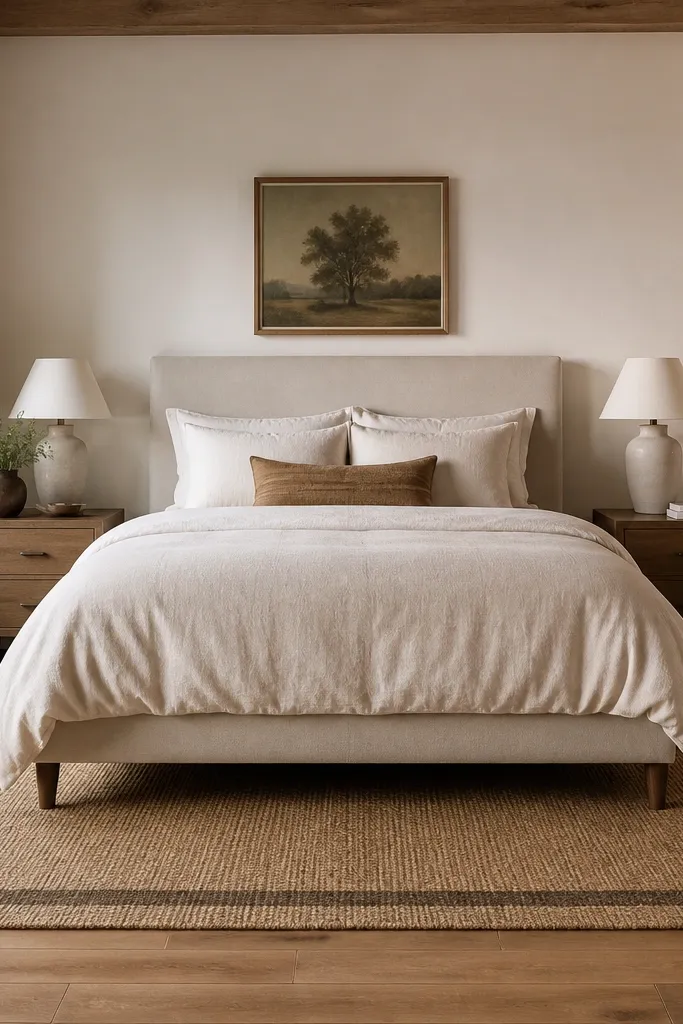 A low-pile jute rug under the bed area, with a darker border pattern. The bed is centered, and the rug edges extend slightly beyond the nightstands. The floor beside it is visible and warm toned.