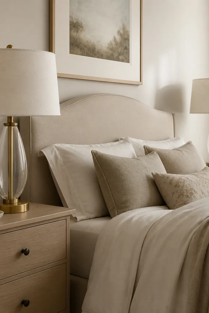 Two matching table lamps with brass bases and clear glass stems on light wood nightstands. The lamp shades are off-white fabric. The bedroom has matte walls and soft bedding in cream and beige.