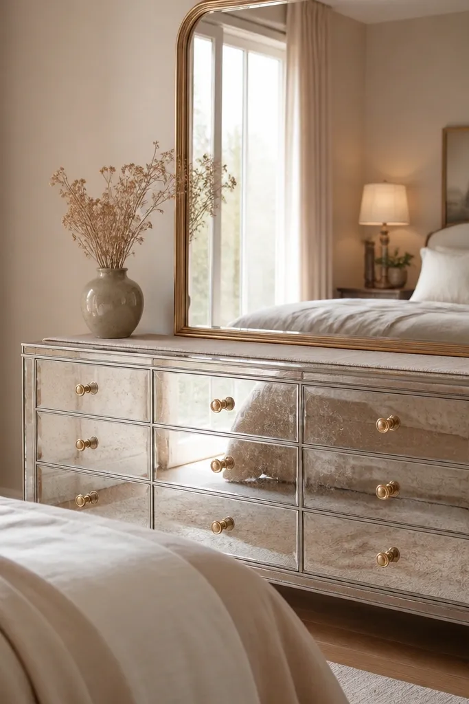 A mirrored dresser against the wall with a linen runner laid across the top. Gold-handled drawers and a small vase with dried stems sit on one side. The bedding is neutral and a large mirror reflects warm light.
