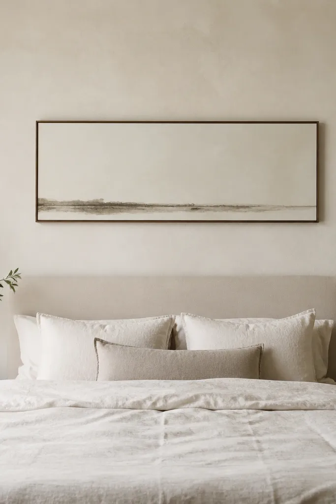 A bedroom wall with a matte plaster-like finish in warm off-white. Above the bed is a thin framed strip of art with one large piece centered. The bed has light bedding and a simple headboard.