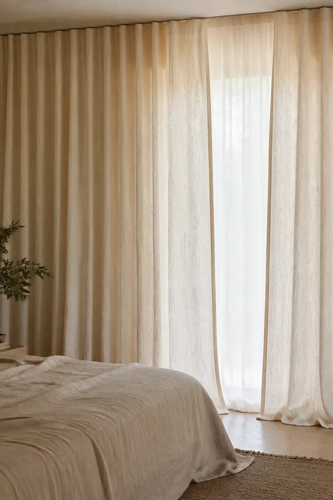 Floor-length crushed cotton curtains in warm cream, hanging from a ceiling track. The fabric forms gentle waves and has a slight puddle of about 15 cm at the bottom. The bed is in front of the window area.