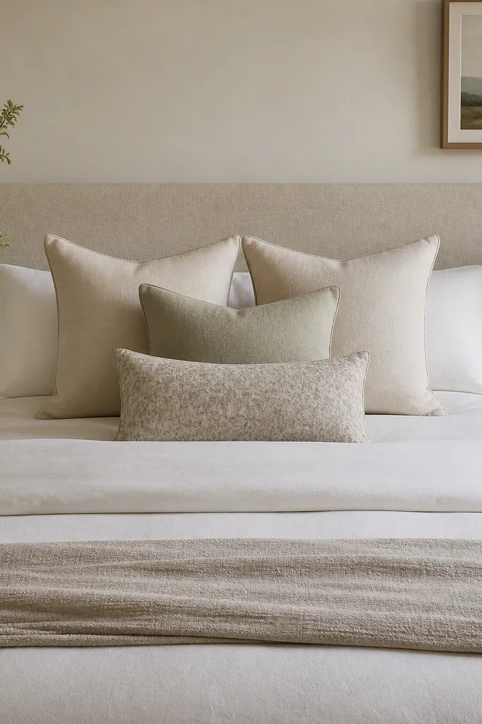 The bed head has a neat cushion stack: two large square cushions, one smaller cushion in a different neutral tone, and a lumbar pillow in a subtle pattern. The arrangement is centered behind the pillows.