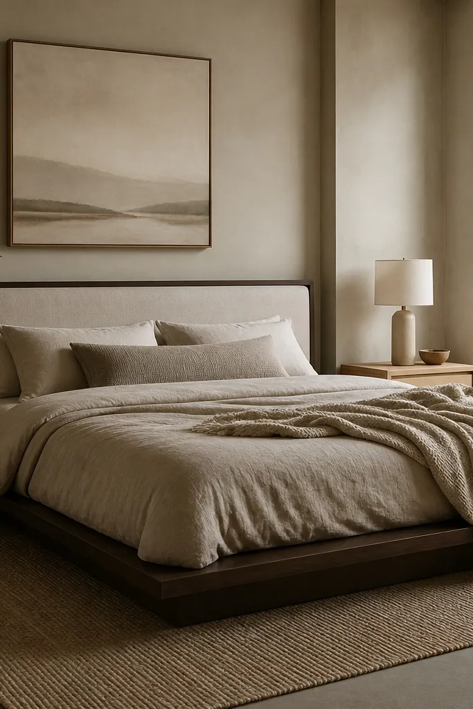 A low platform bed with dark walnut frame and light upholstered headboard. The bed has a beige duvet and a textured throw at the corner. Nightstands are light wood with simple drawers.