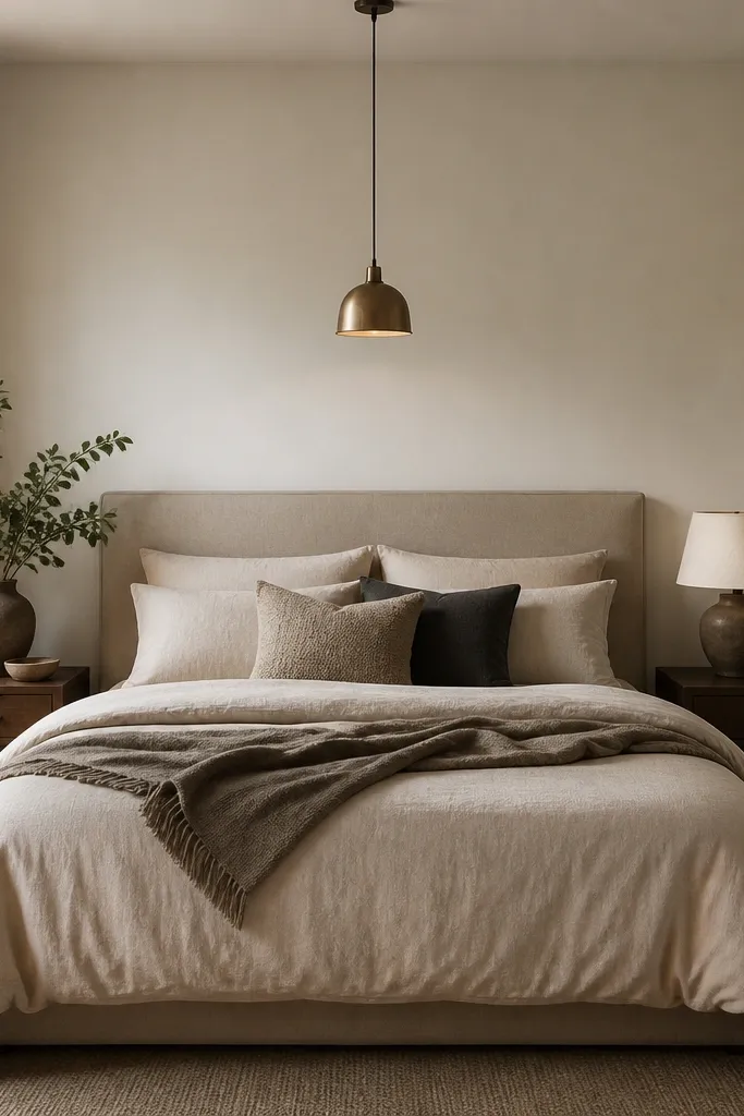 A single pendant light with a warm metallic finish hanging above the center of the bed. The shade is not too large, and the bed has neutral bedding with a small cluster of cushions.
