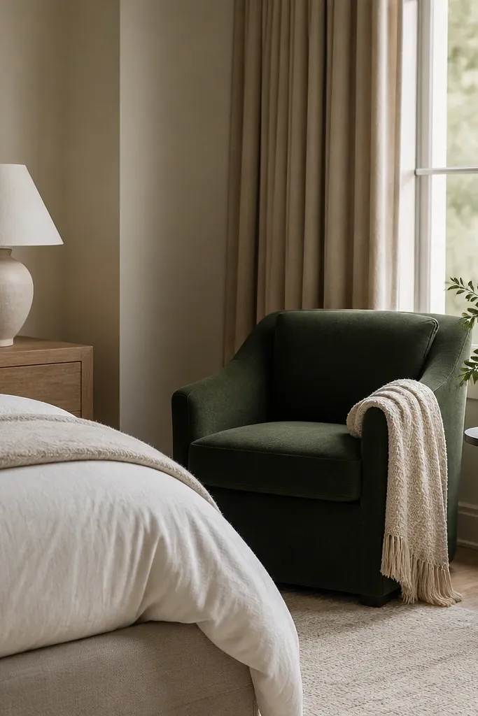 A dark green accent chair near the bedroom window, with a textured cream throw draped over the arm. A small side table holds a ceramic lamp. The rest of the room is neutral.
