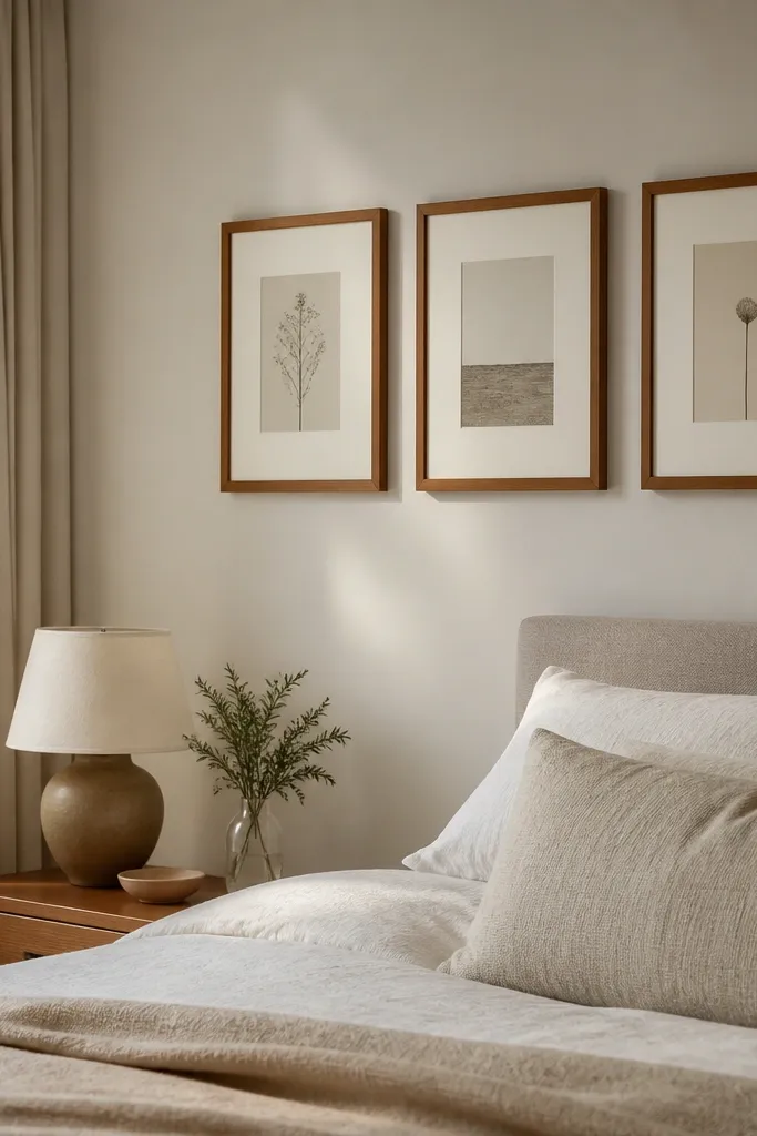 A small gallery wall beside the bed with three matching frames in a warm wood finish. Each frame has cream mats and a minimal print. The wall is matte and the bed has neutral bedding.