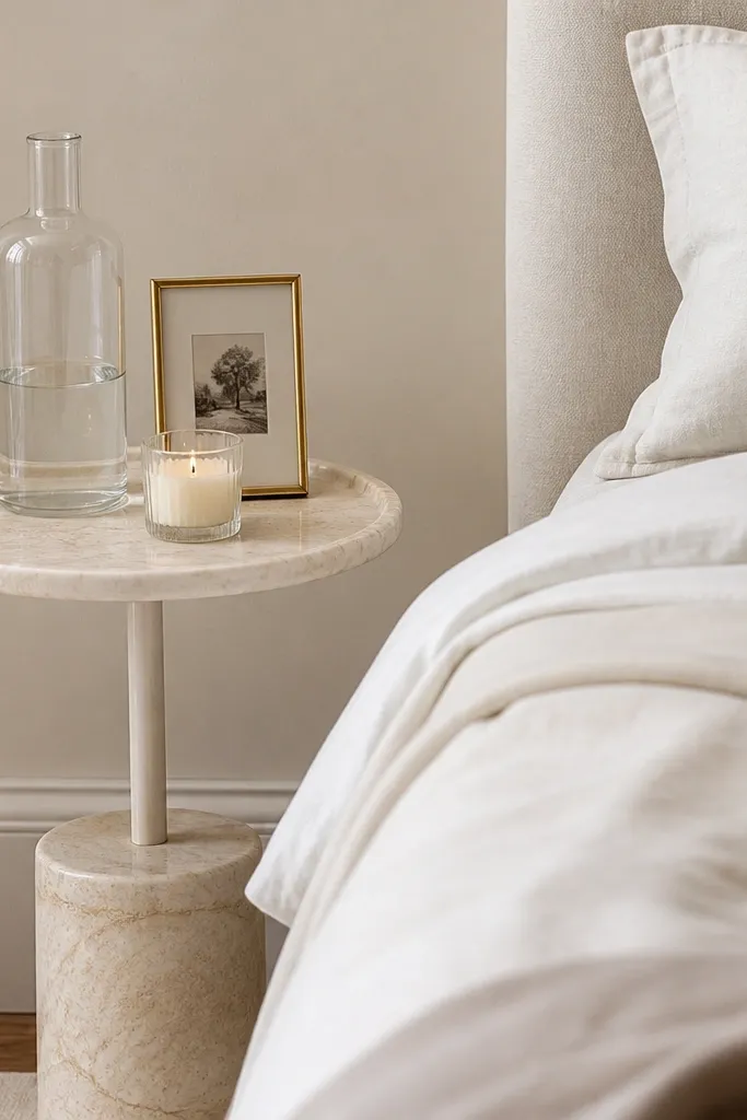 A small cream veined marble-look tray table beside the bed, holding a glass bottle, a brass photo frame, and a small candle. The bed has light bedding and the wall is neutral.