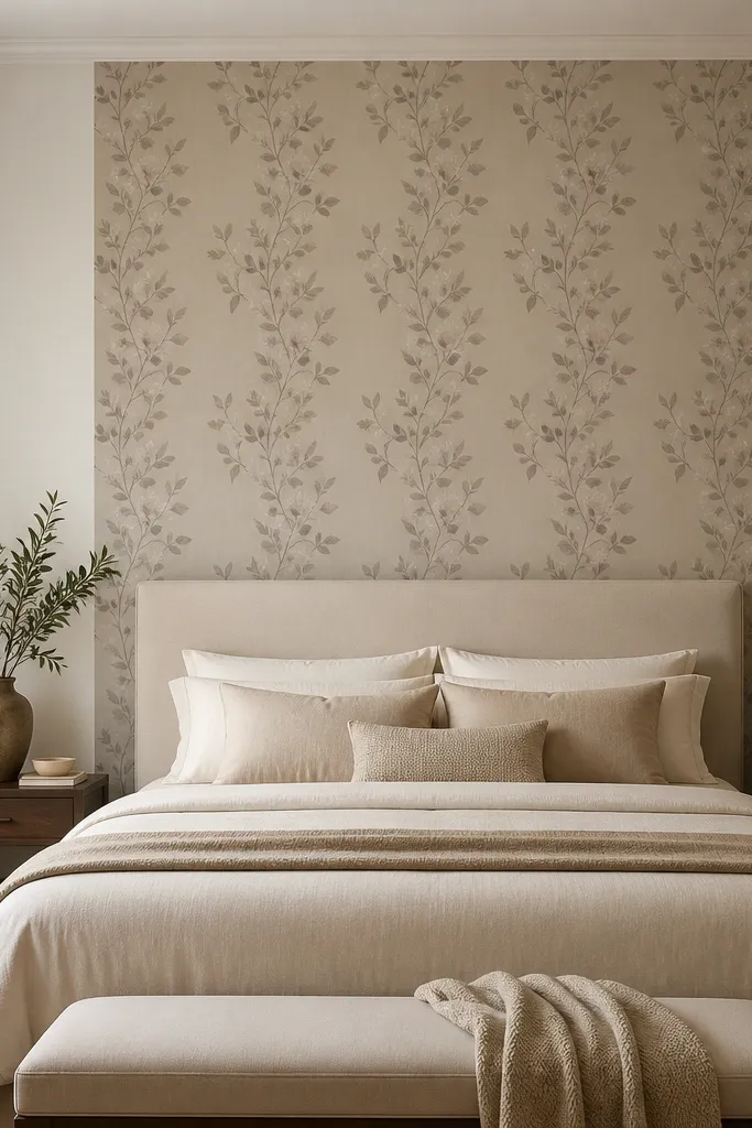 A wallpaper panel behind the bed in muted taupe floral pattern with a vertical repeat. The wall around it is painted a warm off-white. The bed has beige bedding and a simple headboard.