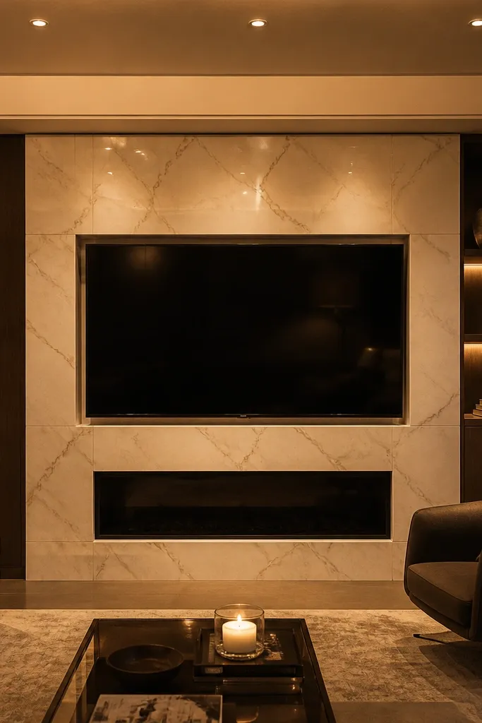 A TV mounted in the center of a wall. The surround is a honed white marble panel with soft gray veining, bordered by a crisp frame. The frame has a 2-inch deep reveal line around the TV. Below, there is a low floating console in warm white oak with two drawers and a cable shelf gap.