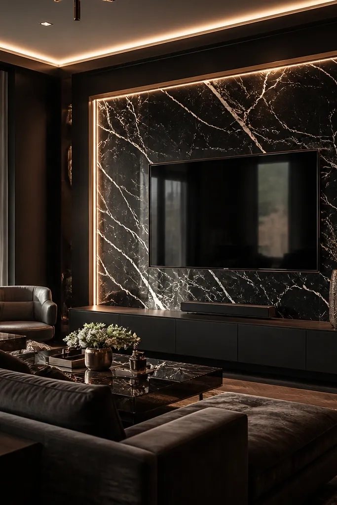 A dark TV wall with polished black marble featuring strong white veining. The TV sits inside a rectangular frame with a thin bronze metal shadow line. The lower area has floating walnut shelves with a matte black base line.