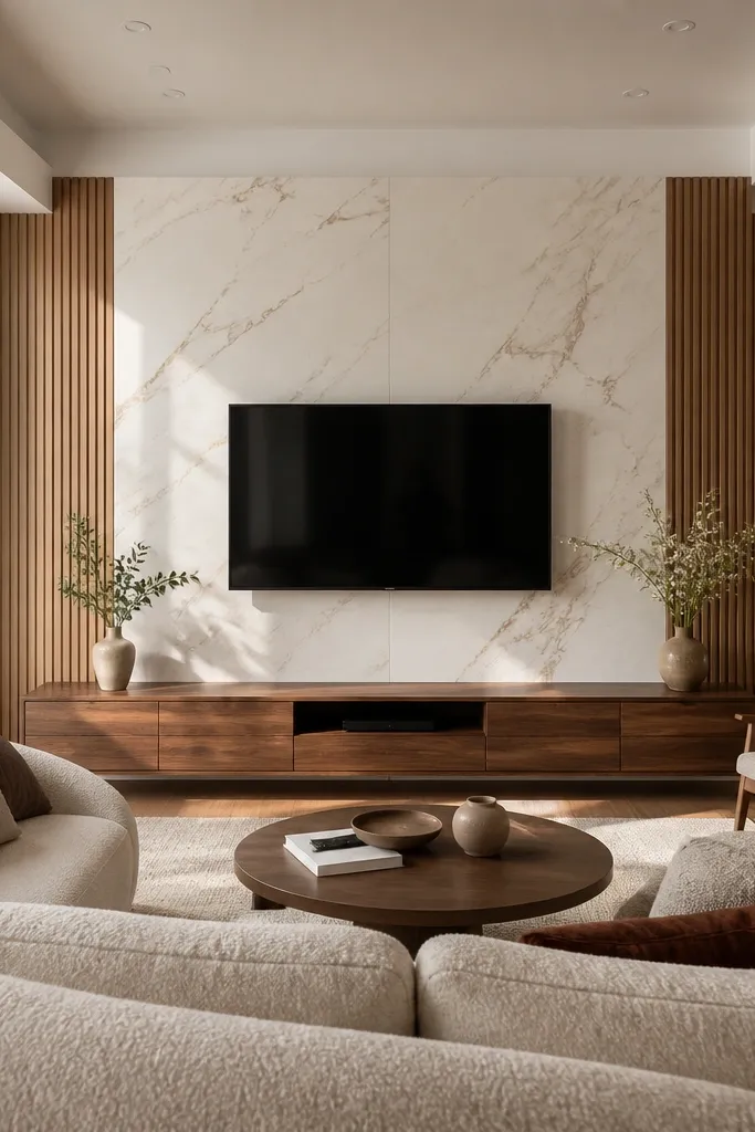 A centered TV on a wall with marble-look panels in a large rectangle. On both sides are vertical wood slat wings in light oak. The top edge has a thin floating shelf, and the bottom has a low console in the same oak tone.