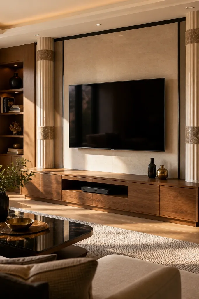 A TV centered between two vertical marble columns. The center is a cream marble panel with faint gray veining, while the columns are a warmer beige marble with darker flecks. There's a white trim border and a dark wood console below.