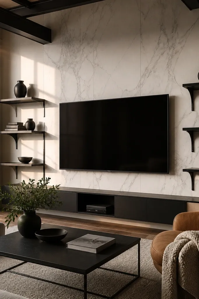 A light marble backdrop with soft gray veining. The TV is centered and surrounded by marble. Two floating shelves on each side are supported by blackened steel brackets, with a black slat base line at the bottom.