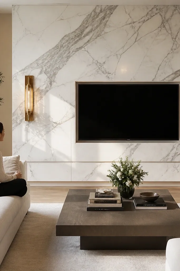 A dramatic wall covered in marble from near the ceiling to the floor. The TV is centered. At the bottom, there's a hidden storage base with flush panel doors that blend into the marble finish. No visible handles.