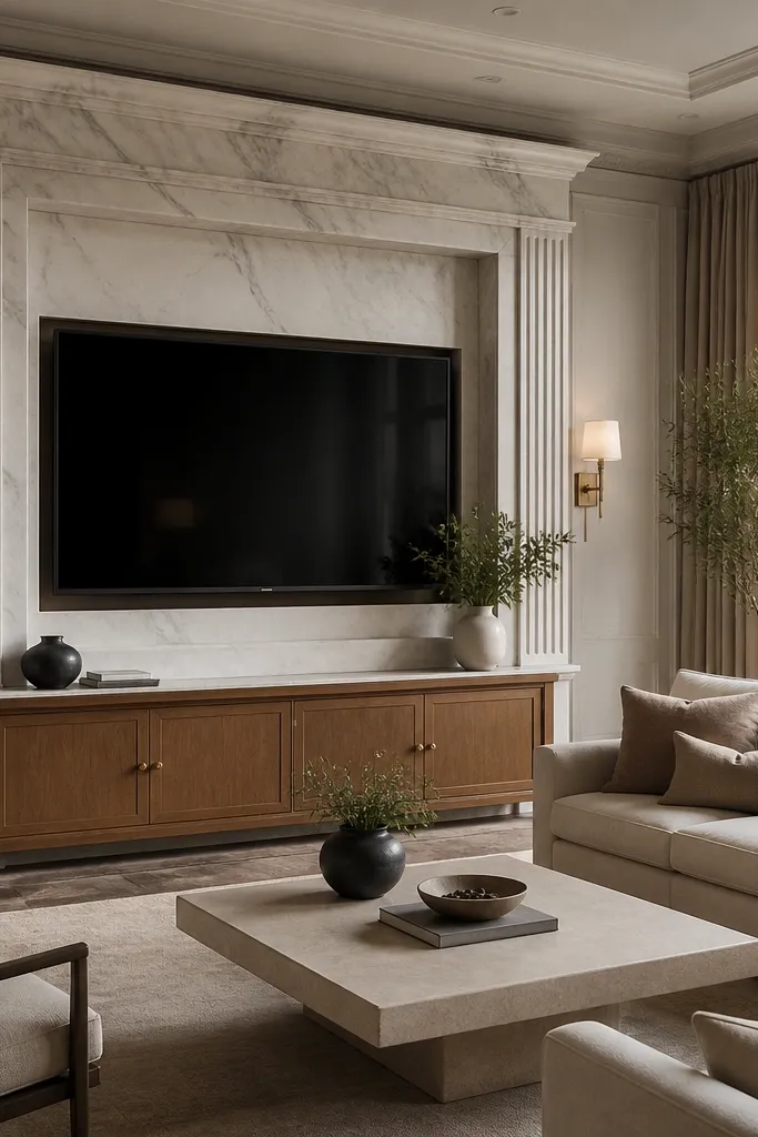 A TV wall designed like a fireplace mantel. The center is a marble slab with a polished or semi-polished finish. There's a thick top mantel ledge in marble with a crown trim on the sides. The lower area has a simple console.