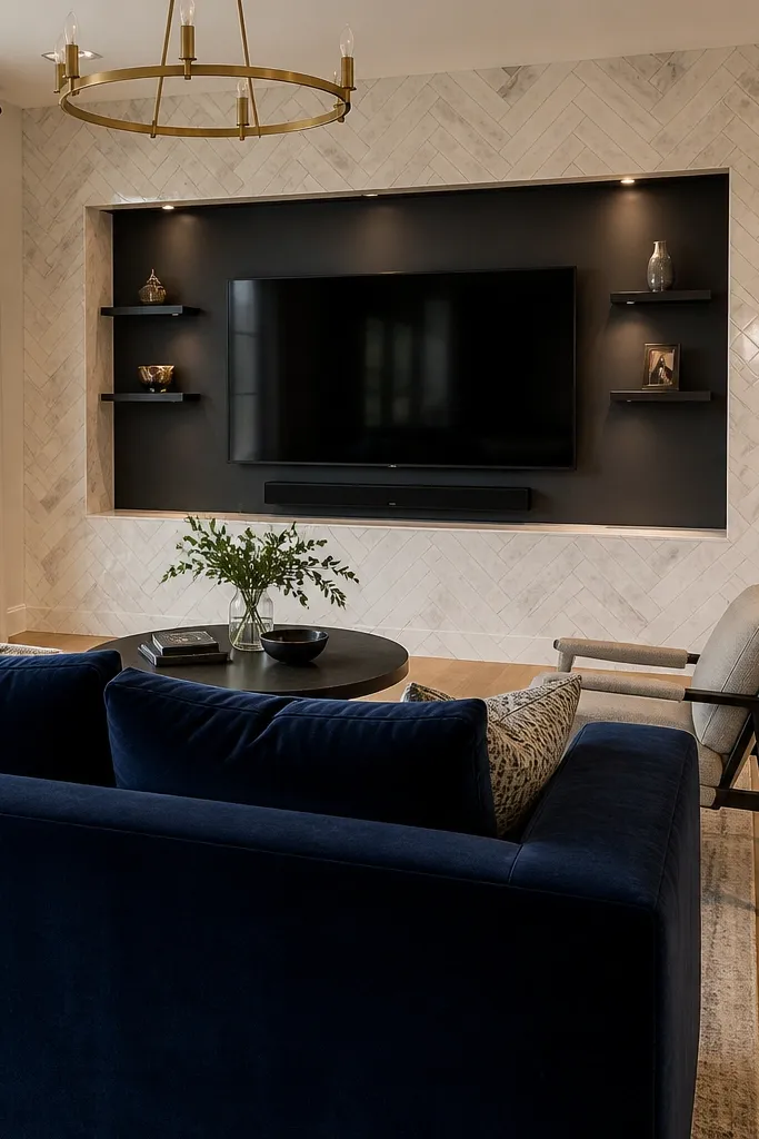 A modern TV niche built into a wall. The niche is painted in warm white. Around the TV is a border made of small marble pieces arranged in a herringbone pattern. The console is floating in oak with a matte finish.