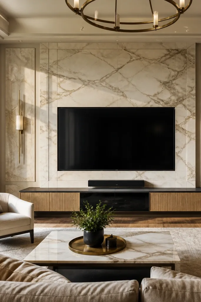 A wide marble slab surround centered around the TV. On both sides, there are narrow vertical panels that look like marble but are slightly different in tone. There are two framed art pieces or small wall panels aligned with the TV height.