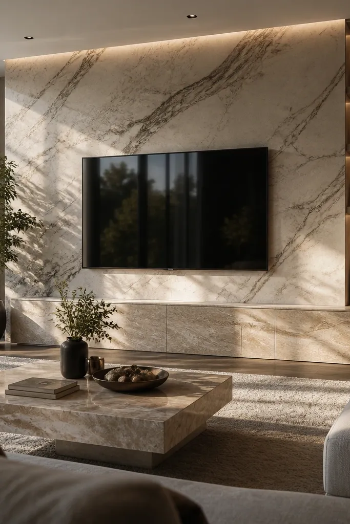 A marble TV wall with a marble surround. Below the TV is a base cabinet with marble doors in a matching or coordinating stone finish. The cabinet has a simple handle-less design and a dark countertop line.