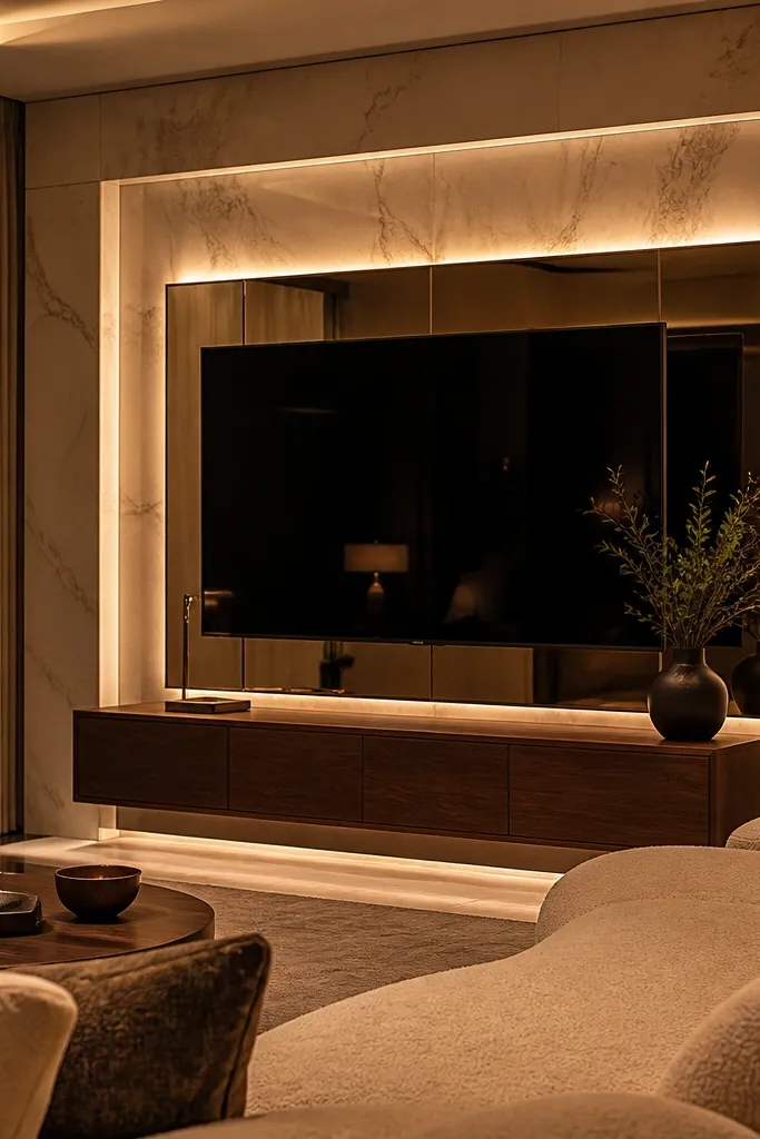A marble TV surround with a mirrored back panel behind the TV. The mirror has a thin frame and catches warm light. The wall has a neutral plaster background around the marble, and there's a low console in light wood.