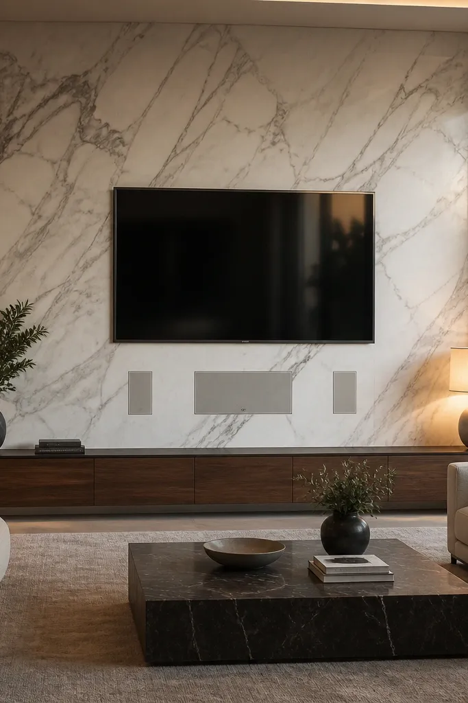 A marble TV wall surround with two recessed side niches. The niches have speaker grills or speaker cutouts aligned symmetrically. The center TV is mounted in a marble frame, and there's a simple floating console below.