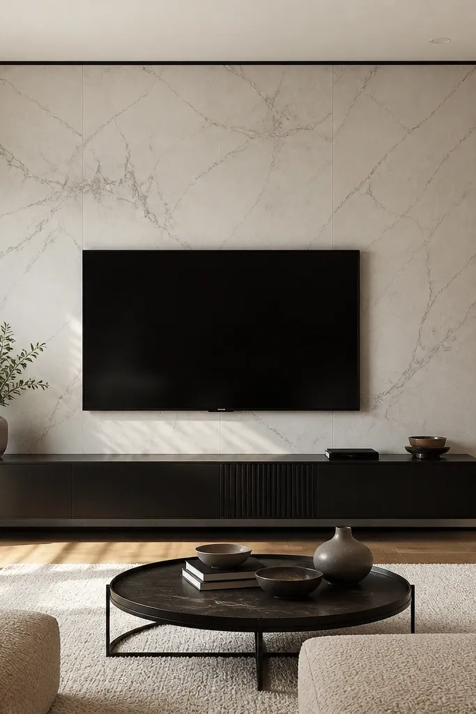 A modern TV wall with a thin black metal frame around the TV opening. Inside the frame is a marble veneer panel with subtle veining. The wall around it is painted a soft warm gray, and the bottom has a slim floating media unit.