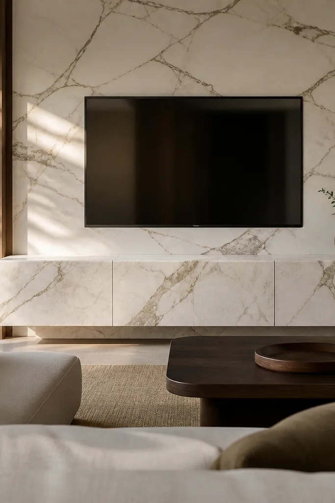 A built-in TV credenza with marble waterfall edges. The TV is centered above the credenza, with a marble slab surface that flows down the sides. The wall behind is painted a soft white, and the credenza has handle-less doors.
