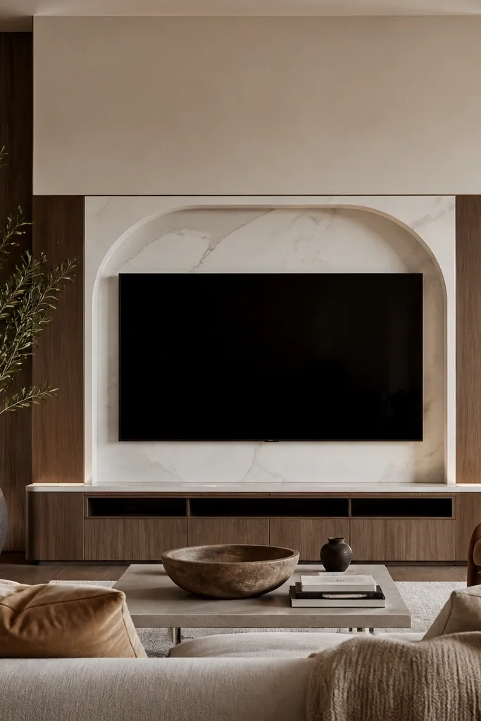 A TV mounted inside a marble frame that has an arched top. The marble is light with gray veining. The frame has a curved crown shape above the TV, while the bottom is straight. Below is a simple console in warm oak.