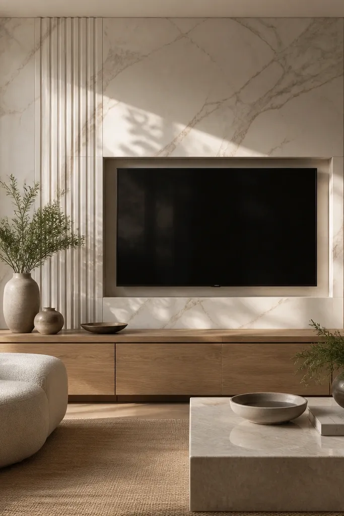 A marble feature wall behind the TV with two vertical fluted inserts on either side of the TV opening. The flutes are in a cream or white stone. The TV is centered in a rectangular marble frame, and the lower console is minimal in wood.