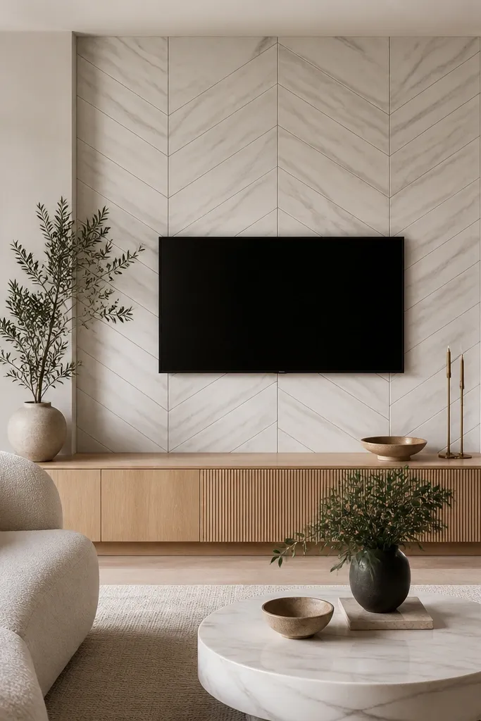 A marble backdrop behind the TV with a chevron pattern created by stone pieces. The TV sits centered on a plain marble surround. The wall around it is neutral, and the console is low and dark.