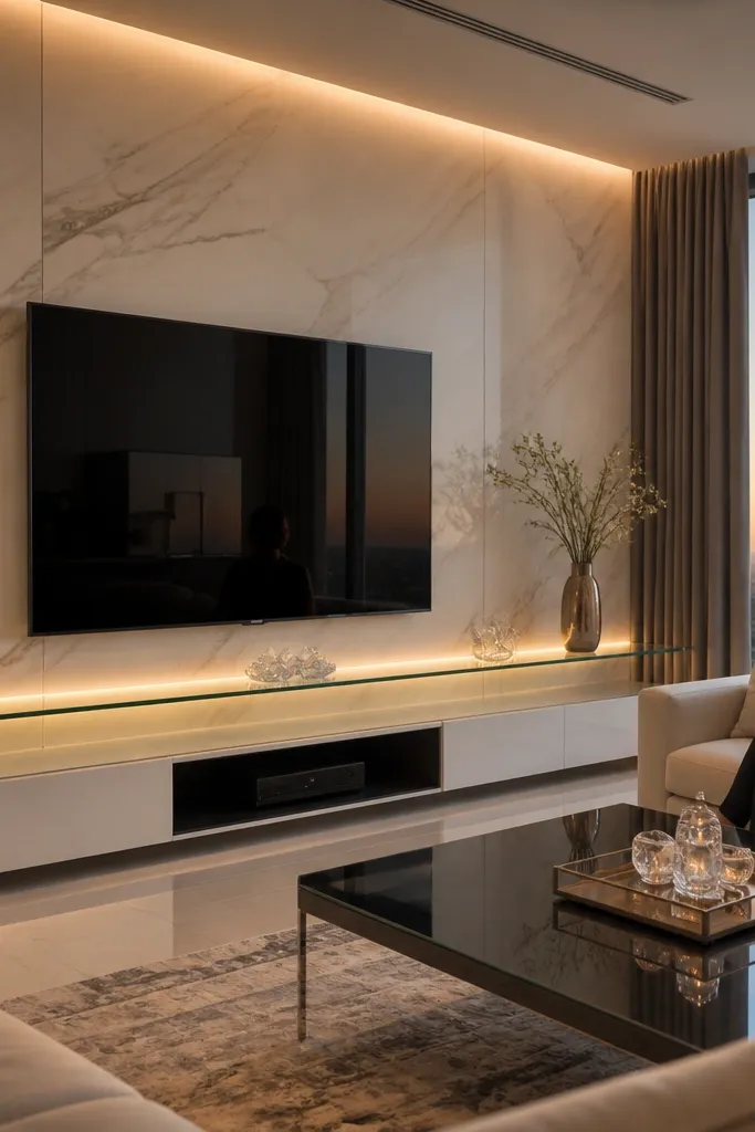 A matte white marble TV wall. There's a thin LED-lit glass shelf line running horizontally near the TV center. The TV is centered in a marble surround. Below, a floating console in white lacquer with thin metal legs.