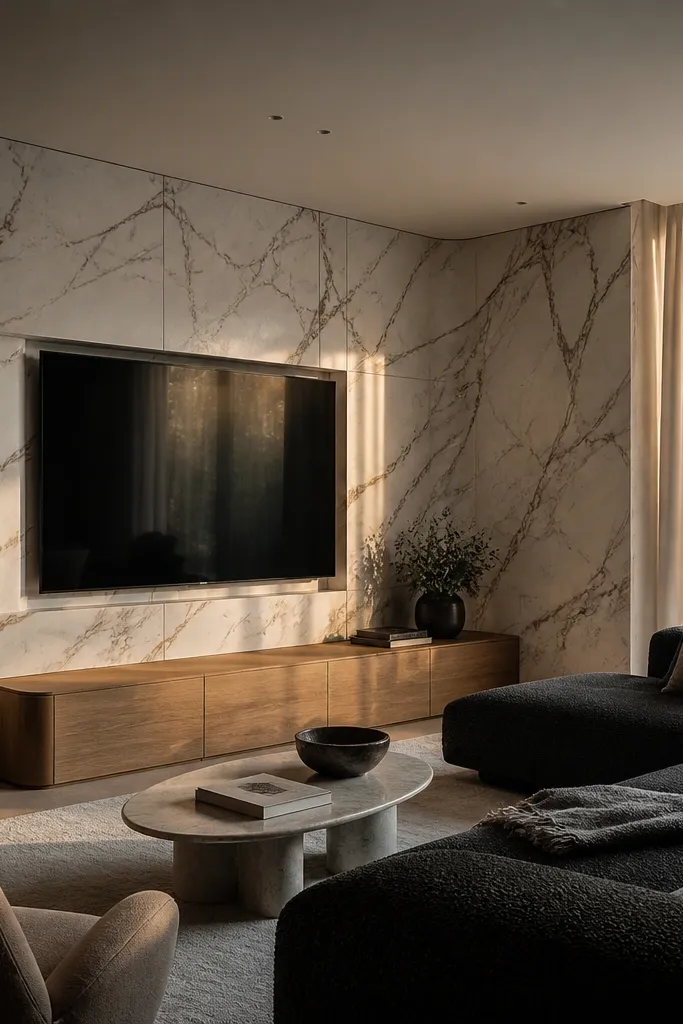 A TV mounted on a corner wall. The marble surround wraps around the corner with rounded edge panels. The marble is light with gray veining. The console is positioned along the front wall, and the sides are framed with soft curves.