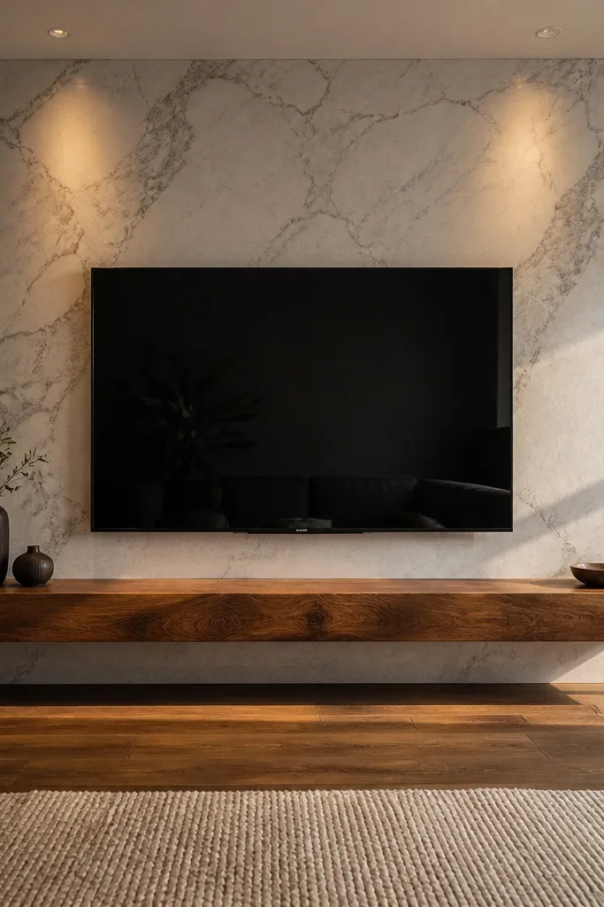 A marble TV wall with a centered marble surround. Across the bottom of the TV wall is a dark walnut slab ledge that looks like a countertop. The ledge spans the width of the feature and has a simple console underneath.