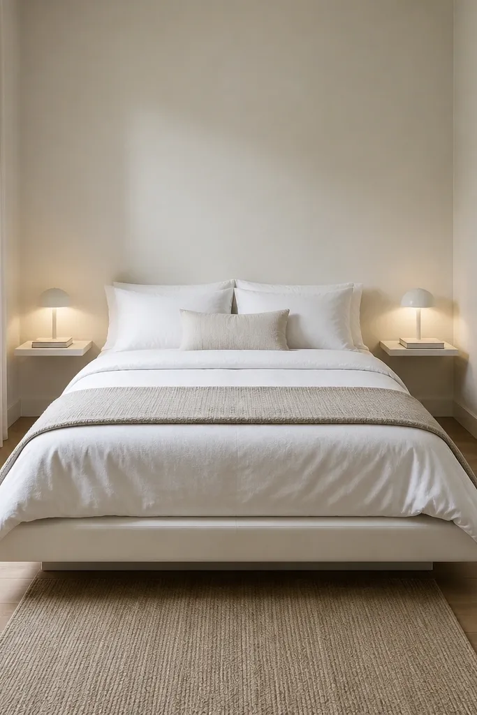 A very small modern bedroom with a low white platform bed centered on the wall. On each side there is no floor nightstand; instead, two slim wall shelves hold a small lamp and one book. The bedding is white cotton with a thin oatmeal throw at the foot, and the floor is clear except for a narrow runner rug.